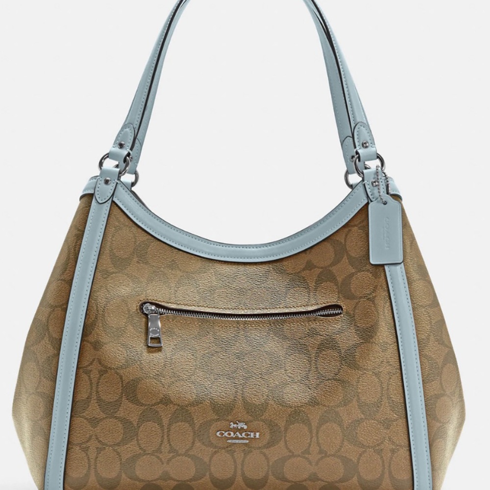 Coach Chain Kristy Shoulder Bag In Signature Canvas In KHAKI/POWDER BLUE NEW
